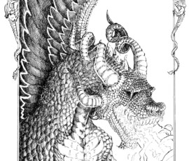 Bloodwrath the dragon lost an eye battling the Martins of Hempton of Aorlis, and this monster holds a grudge. He lives in the Dithmurge swamp and dreams of revenge. 12x16" pen and ink by Scott A. Story 2026 with calligraphy and a decorative dragon frame.