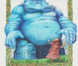 The Blue Man of Taeglos is a mythological figure in Thalium. He is not a Fay, giant, or elemental, but a primal river god. He appears as a massive, obese man, easily 30' tall, with blue skin and hair. The man who has approached him in the drawing is a young Gregor of Thalium, who has come to ask for (and receive) the strength he needs to battle Jotun invaders. The border is decorated in complex floral patterns. Brush and Ink with filigree and calligraphy 14x16" by Scott Story 2026.