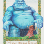 The Blue Man of Taeglos is a mythological figure in Thalium. He is not a Fay, giant, or elemental, but a primal river god. He appears as a massive, obese man, easily 30' tall, with blue skin and hair. The man who has approached him in the drawing is a young Gregor of Thalium, who has come to ask for (and receive) the strength he needs to battle Jotun invaders. The border is decorated in complex floral patterns. Brush and Ink with filigree and calligraphy 14x16" by Scott Story 2026.