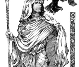 Niallus Martin, aka Malefactor, is one the main characters in my novel The Name of the Shadow. He appears as a gaunt figure, the lower half of his face covered in old burn scard. A raven familiar flies in to join him. More of an antihero than pure villain, Niallus played a long game of revenge and won. He has lanky, black hair, a hawk nose, and commoner clothing. He could dress well if he wished, but he sees no need. He is a powerful necromancer. Pen-and-ink, 14x16" by Scott A. Story.