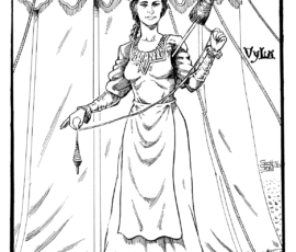 Vyla is a patron saint of Karlionne. She wears a peasant dress, no jewelry, has dark hair, and she is barefoot. She stands in front of knight’s pavilion. 12x18” pen and ink by Scott Story, 2026