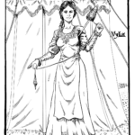 Vyla is a patron saint of Karlionne. She wears a peasant dress, no jewelry, has dark hair, and she is barefoot. She stands in front of knight’s pavilion. 12x18” pen and ink by Scott Story, 2026