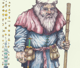 Bontarris is an arch alchemist. Despite appearances, he is not some sort of gnome or dwarf. He is human little person.He has a fur-lined military cap, and decent but unadorned clothing.He has a poignard rondel armor and a polished wooden staff that would be a walking stick in the hands of another.His border is composed of alchemical symbols and tools. 12x18” brush and ink and Graphitent colored pencils, Scott Story 2026