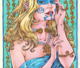 The Erlquen appears as a beautiful, young Faerie maid with long blonde hair, Celtic face paint, and Celtic-styled bracelets, torc, and a chain with an oak-leaf pendant. Calligraphy is included. 14x16” by Scott Story, 2025, Prismacolor Pencils