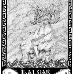 Halsjar is an ancient Draas god, a genii loci for the Halsjar Mountains themselves. He appears as a giant goat that fills the sky, part of the clouds. The Draas are ancient, so Halsjar is a shamanic spirit. This picture includes calligraphy, a Pictish frame, and two of the mysteriaus Pictish Beasts framing the title.12x18” Pen and ink by Scott Story 2026.