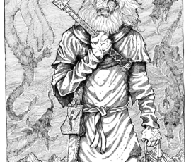 Scholomancer Called Dragon Riders because they can summon destructive storms, these are humans with Noirite ancestry. They are similar to vampires, but they are not the same and not undead. The scholomancers are tall and red-haired, and they seem wild and dangerous. They often appear as beggars, even blind or lame, and they wear ragged, patched peasant garb. Scholomancers learn their craft at the School of the Dragon, a subterranean cave temple near the ruins of Civis Noir in Gwyfned. They undergo a grueling, seven-year curriculum with no sunlight, and there are only ten trainees in each class. The demon Gorsk is their patron, and they may summon him to learn key points in their studies. With their power over weather, lightning, hail, rain, and hurricane-force winds, they may summon destructive storms and wipe out communities, buildings, and crops. They also know the speech of beasts and may freely communicate with all types of animals. Each scholomancer bears an enchanted iron ax used for conjuring and as a lightning rod; they keep wind bottled up in jars, ready to unleash; they use horse reins or golden bridles as magic focuses; and they each carry a Book of Dark Wisdom that is encoded with their scholomantic learning. 14x16” pen-and-ink by Scott A. Story, 2026