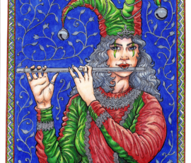 Leanora Pentych of the Silver Locks is a Karlionne Piper, an enchanter subclass hired because their magic silver flutes can be used to ensorcel vermin and lead them out of town. The same magic can also be used to lead away citizens or children. Leanora has naturally silver hair, a silver flute, silver face paint, and a rich, satin jester-like costume in green and red. She stands in front of a rich navy background inset with floral patterns. 14x16 Prismacolor Pencils with calligraphy by Scott Story, 2026.