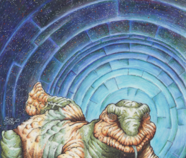Telfarri as titanically huge chthonic chaos gods, part of the alien Great Old Ones that once invaded the planet.He appears with a tadpole-shaped body, but with multifaceted fly-like eyes. He is gold and green, and he lays on the banks of a massive underground sea. Before him and dwarfed by him stand three tiny cultists hoping to ceremonially catch his favor.Despite being in a deep cave, the telfarri’s consciousness extends out, into the cosmos from he came. 12x18” Prismacolor Graphitent Pencils and acrylic paint by Scott Story, 2025 and 2026.