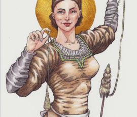 Vyla is a patron saint of Karlionne. She wears a peasant dress, no jewelry, has dark hair, and she is barefoot. She is hand spinning on a spindle-whorl. She is supported below by a sampling of knight’s pavilion. 12x18” pen and ink, Graphitint colored pencils, gold gilding, and calligraphy by Scott Story, 2026