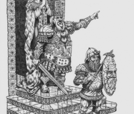 This portly dwarf king stands in his subterrainean kingdom, imperiously point something out. His ceremonial armor is etched with acanthus filigree, and his beard is knotted and woven into an overlapping pattern.Behind him stands the dwarf kings daughter, born of a human mother and human sized and proportioned. He clothing is rich, embroidered, bejeweled, and very fine, She hold her hands in a prayerful posisition. A dwarf guard precedes them, and he is finely armored and carries a face shield, that is a shield made to look like a three-dimensional face. The palace walls and steps are decorated in different styles of encaustic tile. 12x18” Pen and ink and ink wash, Scott Story 2026.