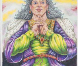 Quinal Silvervale is Gruagach of the Blackvale Forest. This means that he's a top-tier Faerie lord, a mythical being thought to control the entire Blackvale Forest. Like most Faeries he is insanely beautiful, and as terrestrial elf he dresses in great opulence. He is leaning back and assessing the viewer across steepled fingers. Art by Scott Story, 14"x16", Prismacolor and Graphitent Pencils