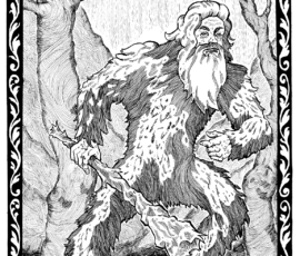 The Wodewose or Wild Man is a nature spirit similar to the legends of modern day Big Foots, and they were very popular in Medieval folklore. They could be quite large, maybe even eight feet tall, and they were covered in shaggy fur and the males had long beards. For the most part these are peace loving creatures, but if cornered they will defend themselves by grabbing a large branch to use as a club. This art is framed in a decorative border with high contrast fillet work of acanthus leaves. 14X16” pen-and-ink by Scott Story, 2026