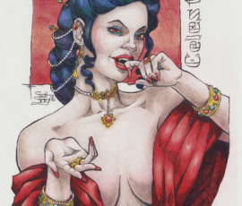 Celestinia Mistress of Vampires is nearly two millennia old, and she is very flirtatious. She is equally as cruel. Her skin has turned grayish over the centuries. Here she appears with one finger in her fanged mouth, the other hand beckoning, with her cleavage exposed. She wears beautiful jewelry, and her black hair is piled high. 14”x16” Brush-and-ink and Prismacolor Pencils. Art by Scott Story, 2026.