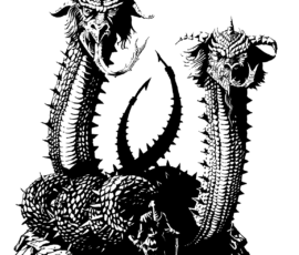 Guivres are a type of dragon without wings or limbs, but they make up for it with their thorny, amored hide and multiple rows of spikes. They kill by coiling around victims and crush them in their coils and spikes. This is a pair of guivres and a person who has come to parley with them. 14x16” Brush-and-ink Chiaroscuro by Scott A. Story 2026