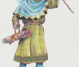 The Master of Arrows is an important official who oversaw the production and acquisition of all the arrows he could acquire for the king’s war efforts, and keep his armies re-supplied with new arrows as campaigns went on. The Master was probably a fletcher himself, or blacksmith who specialized in forging arrowheads. This fellow has a long mustache and a practiced eye. 8x10” brush-and-ink and Derwent watercolor pencils, Scott Story 2026.