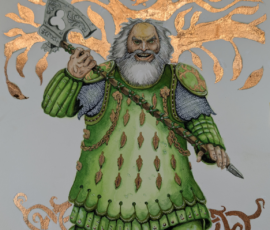The Knight in Green is a giant warrior, very robust, who wears all green armor. As long as he is attending to his purpose, testing the bravery and worthiness of mortal knight, he is unkillable, and may even reattach his head or limbs. He wears a coat of plates, over a mail hauberk, over a stuffed aketon, and his giant, two-handed axe is unique. He is Saturnian and august, white hair, beard, and mustache, and he is boisterous, loud, and full of humor. 14x16" Watercolor with copper gilding and calligraphy by Scott Story 2026.