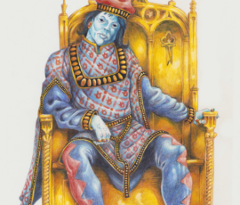 Arnot Olyndros the Vampire King is among the oldest of kind in existence. In the millennia since he's seen the sun his skin has faded to ashy gray, and his hair is deep black, and his eyes are lifeless black. His expansive, ornate throne is gilded. Here, wearing amazing finery, with heavily embroidered deep blue and red clothing, and beautiful bejeweled jewelry. He sits in a power pose upon his throne. He seems vaguely bored and very self-assured. From the Realms of Aorlis Fantasy Setting, 14x15” Prismacolor Colored Pencils by Scott Story, 2026