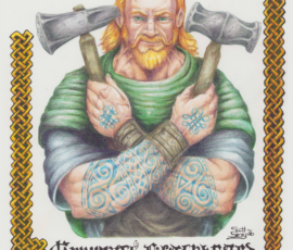 Greygath is a demigod of smiths, and during the mythological reign of King Kelthan he forged that hero's weapons. He appears as a handsome, muscular smith in humble clothing with long blond hair, a curling mustache, and a pointed beard. He smiles with amusement, as humor is a cornerstone of his personality. He holds medieval style blacksmith hammers in each hand. He has Celtic tattoos, and the border of this picture features Celtic knotwork. Brush-and-ink and Prismacolor Pencils 14x16" by Scott Story 2026.